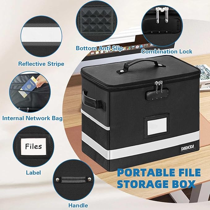 Fireproof Document Box - Fireproof File Organizer with Lock, Portable File Box with Handle, Portable Home Office File Cabinet for Hanging Letter/Legal Folder (12.3 x7.7 x10.5in) | Fireproof