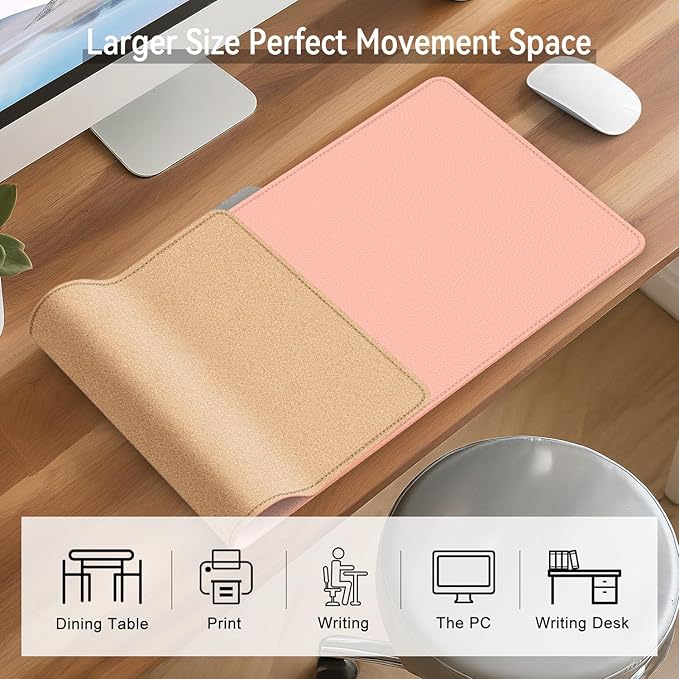Leather Mouse Pad with Stitched Edge, Waterproof Gaming Mouse Mat for Computers, Laptop, Office & Home (Pink, 33"*13")