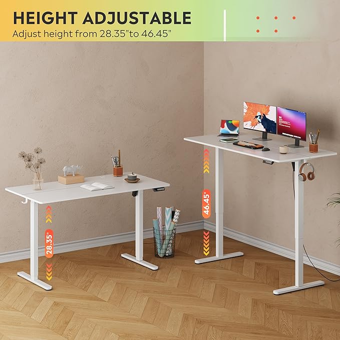 DEVAISE 55 Inch Electric Standing Desk, 3 Adjustable Computer Desk for Home Office, Ergonomic Sit to Stand Desk with LED Touchscreen，Headphone Hook, 3 Memory Preset, with Split Top, White