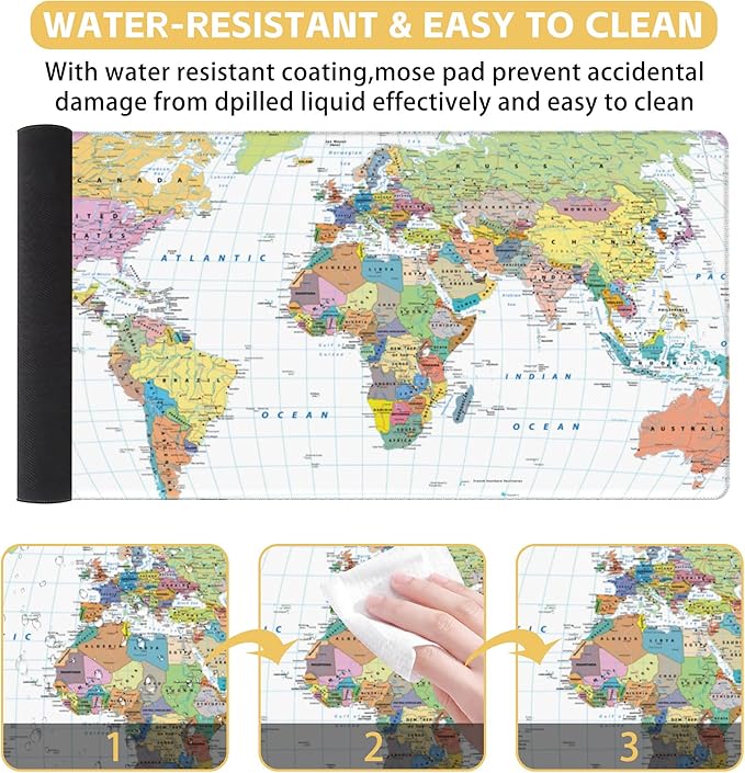 Colored Map Extended Large Gaming Mouse Pad World Map XXL Mousepad Desk Pad Mat for Keyboard and Mouse, Non Slip Rubber Base Mousepad with Stitched Edges for Work Game, 31.5 x 15.8 in