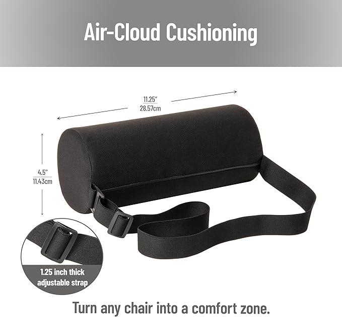 Mind Reader Lumbar Roll Pillow with Air-Cloud Memory Foam, Back, Waist & Hip Support, Breathable Cover & Adjustable Strap, Black