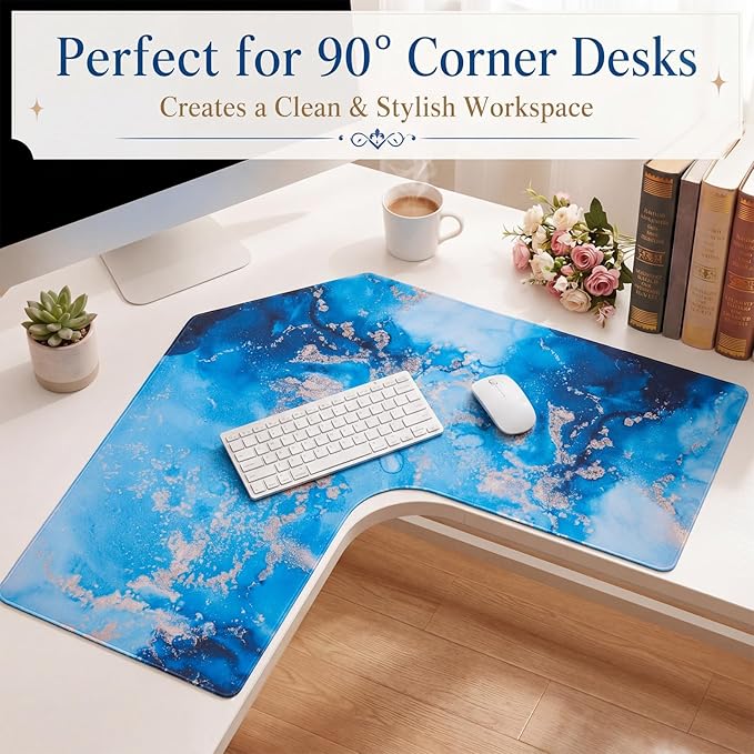 Relaxweex L Shaped Desk Mat for 90° Corner Desks, 26" x 26" Blue Waterproof Mouse Pad with 18" Inner Corner, Non-Slip Rubber Desk Protector for Office & Gaming