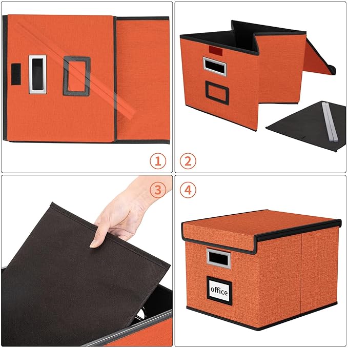 File Organizer Box with Lid, Collapsible File Folder Organizer for Office Document Storage, Filing Box with Plastic Slide for Letter Size Hanging File Folders(1 Pack, Reddish Organge)