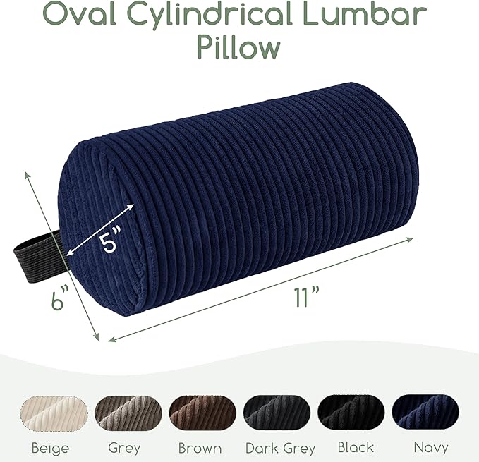 HIGOGOGO Lumbar Roll Lumbar Support Pillow for Office Chairs, Cars, and Gaming Chairs, Back Cushion with Washable Cover & Adjustable Strap to Relieve Back Pain and Improve Posture, 11"x6"x5", Navy