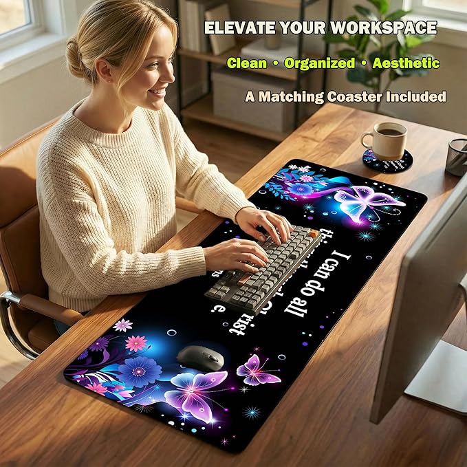Extended Large Mouse Pad 31.5 x 11.8 Inches – AiLiTeck Premium Desk Mat Mousepad with Stitched Edges, Waterproof, Non-Slip Rubber Base for Office Home, Includes Coaster–Bible Verse Butterflies