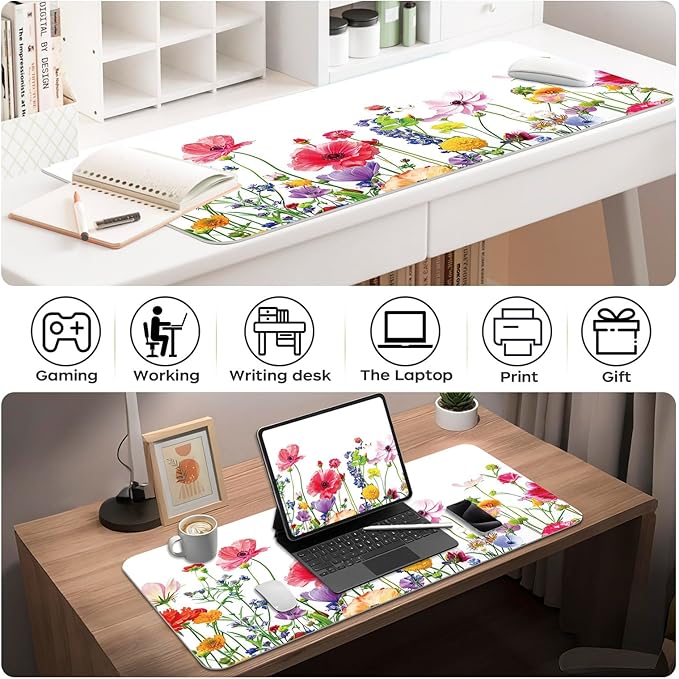 BLESWIN Leather Desk Mat 35.4" x 15.7", Laptop Desk Pad Computer Mat, Non-Slip PU Floral Desk Mat, Waterproof Large Mouse Pad for Office, Home, Gaming (Flower,35.4" x 15.7")