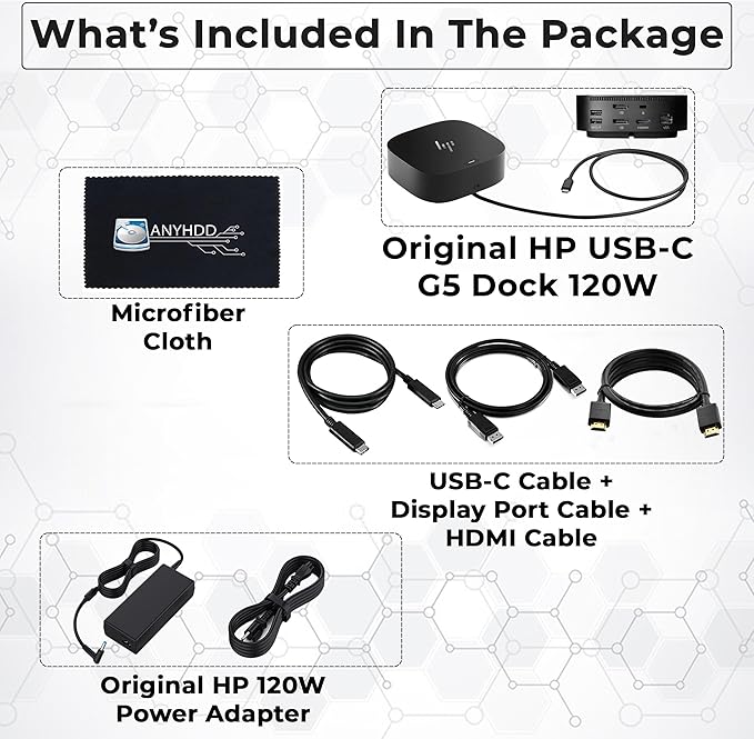 HP 26D32AA#ABL Docking Station G5 - HP Laptop Docking Station Dual Monitor Dock and Charging Bundle with 120W Adapter + HDMI Cable + DisplayPort Cable + USB-C Cable + Microfiber Cloth (Renewed)