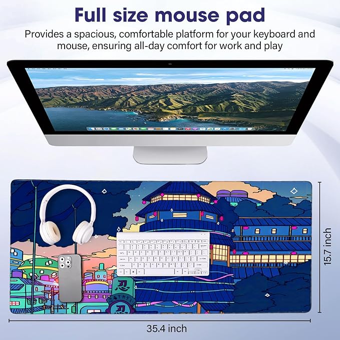 LifetimeWarrantly Japanese Large Extended Mouse Pad with Stitched Edges (35.4”x15.6”) - Waterproof Desk Mat, Non-Slip Rubber Base for All-Desk Coverage, Perfect for Gaming, Office, and Home