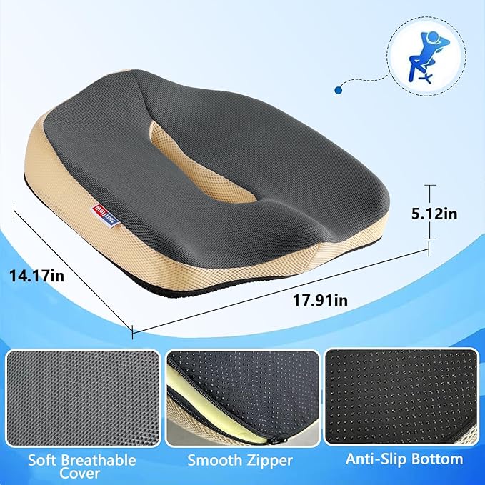 Seat Cushion for Tailbone Pain Relief, Memory Foam Coccyx Cushion for Office Chair & Car, Ergonomic Chair Pad with Non-Slip Cover & Handle, Sciatica Relief for Gaming Chair (Gray)