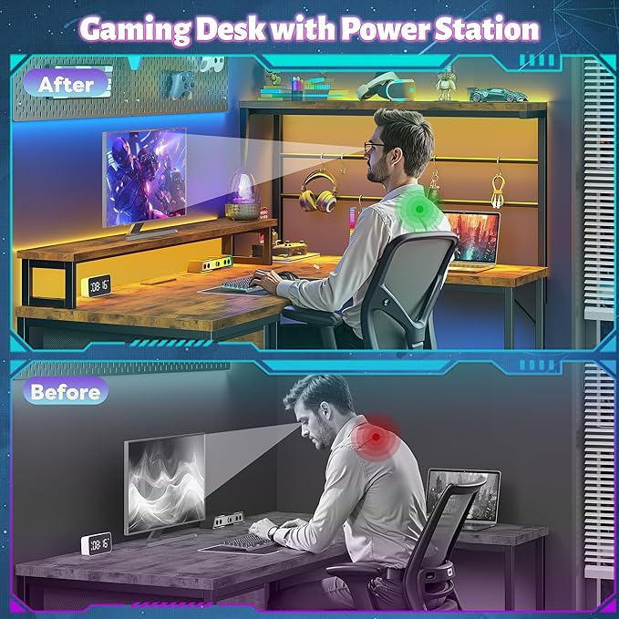 EnHomee 53 inch L Shaped Desk with Shelf & Drawer,Reversible Corner Computer Desk with LED Lights & Power Outlets, Gaming Desk Home Office with Monitor Stand, Rustic Brown