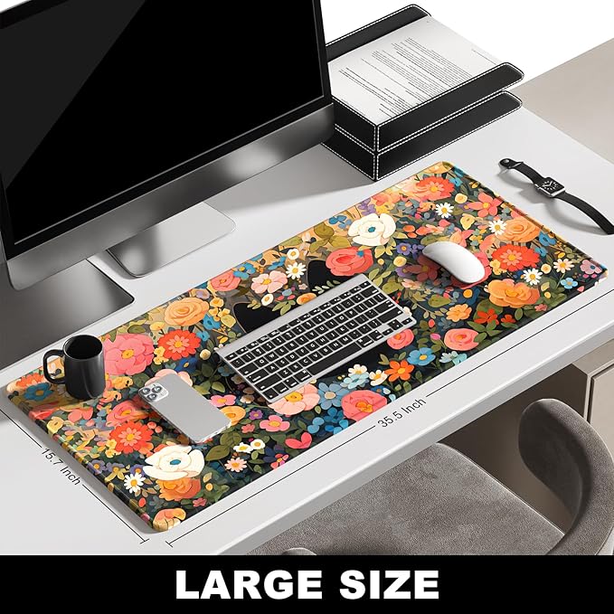 BOSOBO XXL Huge Gaming/Desk Mouse Pad & Keyboard Mat, 35.5 x 15.7 inches - Anime Cat Flower Bush Theme