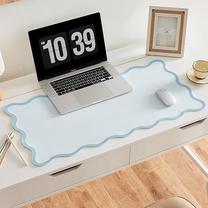 Scalloped Desk Mat, 31.5" x 15.7", PU Leather, Waterproof Anti-Slip, Cute Aesthetic Desk Pad for Office/Home/Game/Vanity (Blue, Large)