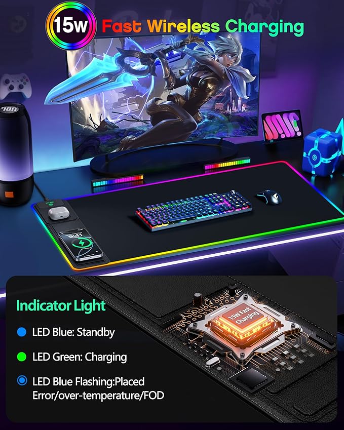 4-in-1 RGB Gaming Mouse Pad with Wireless Charging & Phone Stand, 31.5"x15.8" Large, 24 Light Effects, Non-Slip Base, Waterproof Ultra-Smooth Surface, with Adatper, No Adatper