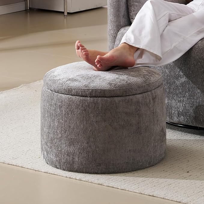 Modern Round Storage Ottoman, Chenille Ottoman Foot Stools, Ottoman Footstool with Removable Lid, Storage Ottoman for Living Room, Multi-Functional Footrest, Dark Grey