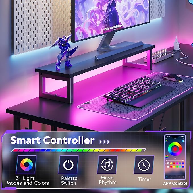 DEVAISE Full-Size 60" L Shaped Gaming Desk with LED Lights and Power Outlets - Reversible Corner Computer Table with Monitor Stand and Storage Shelves for Work and Gaming, Black