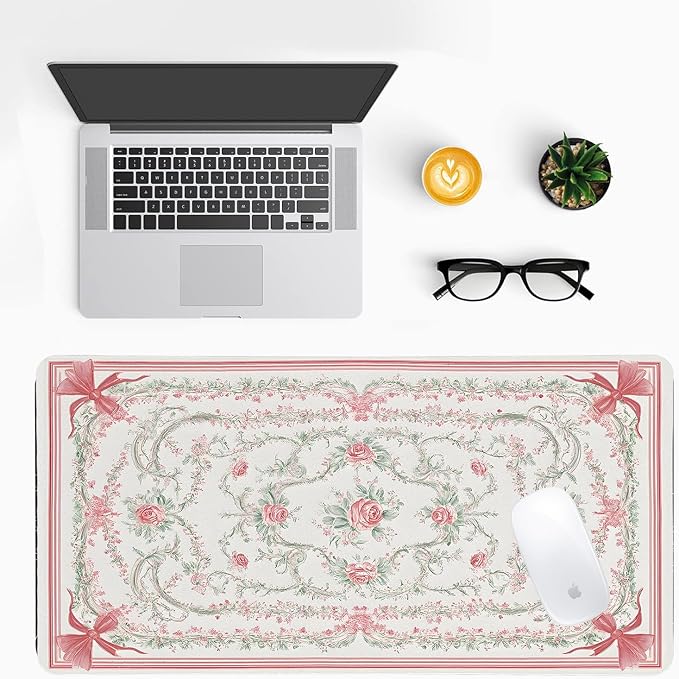 Vintage Floral Desk Mat for Women, Large PU Leather Desk Pad with Non-Slip Base, Elegant Office Keyboard Cover an Elegant and Thoughtful Gift for Women（31.5 * 15.75in）