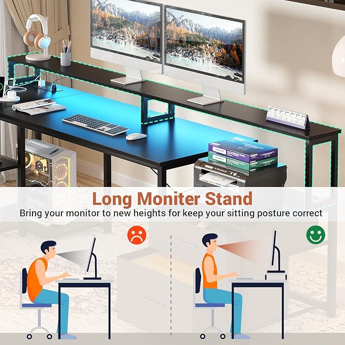 Aheaplus L Shaped Desk with Power Outlet, Reversible L Shaped Computer Desk with File Drawer & Monitor Stand, Gaming Desks with LED Strip, Home Office Desks with Storage Shelf,1Black