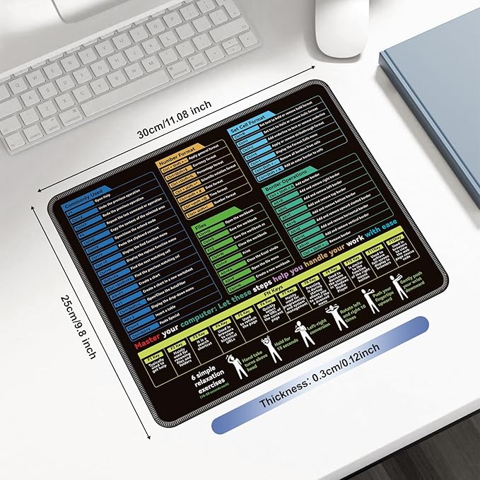Excel Mouse pad—11.8 * 9.8inch Portable Size |Contains 5 Excel Function modules, FN Shortcut Keys and Practical Relaxation Exercises，Work、Study、Gaming Mouse pad,Excel Cheat Sheet Desk pad