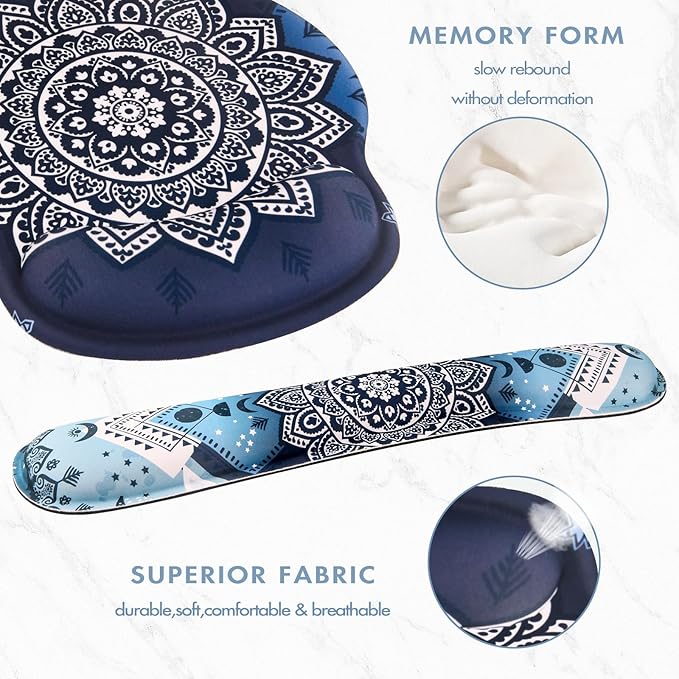 Keyboard Wrist Rest, Ergonomic Mouse Pad Wrist Support, Memory Foam Wrist Rest, Anti-Slip Base, Mousepad with Coaster for Computer Keyboard Office Home, Mandala