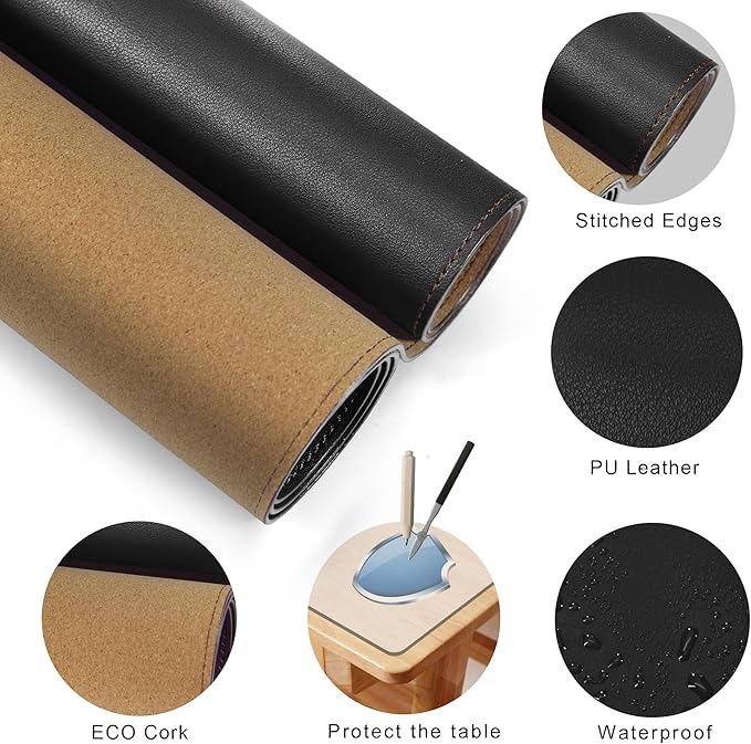 MAIDERN Leather Desk Mat, 35.4” x 19.6” Reversible Large Desk Pad Mat, Cork & Leather Large Mouse pad for Desk, Waterproof Computer Desk Mat for Gaming Home Office (Black)