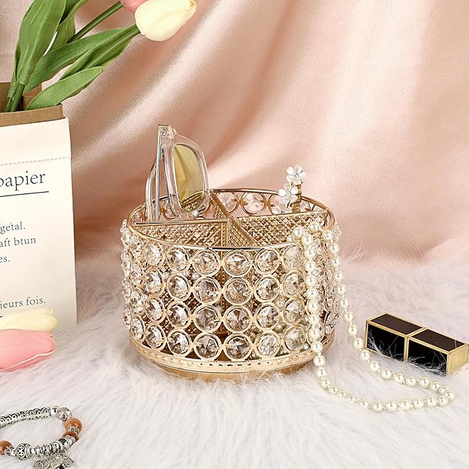 BTSKY Crystal 360 Degree Rotating Desk Organizer Decorative Storage Box with 4 Compartments, Glitter Metal Makeup Brush Holder Elegant Storage Caddy Home Decor Gift for Women, Round-4 Slots Gold