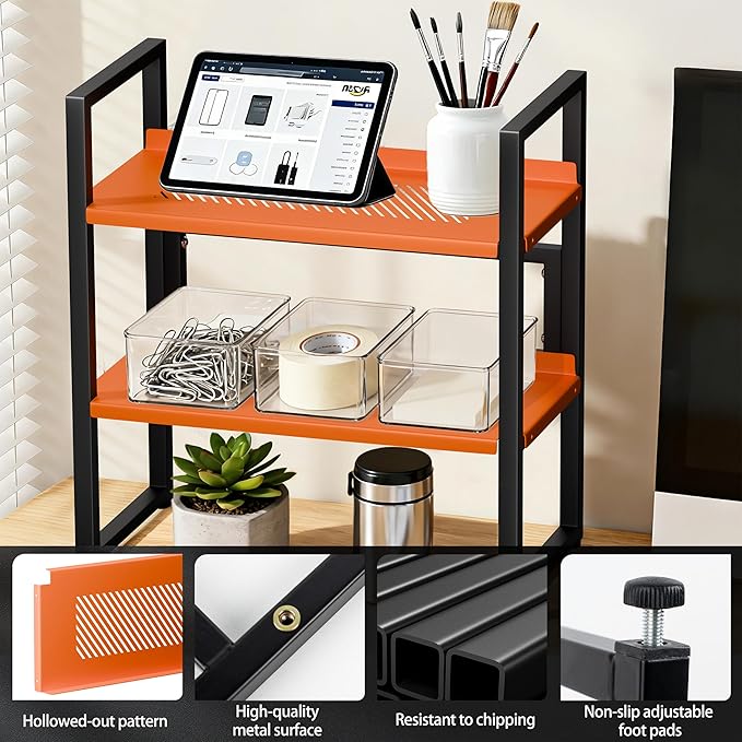 Brakki Desk Shelf Organizer, Adjustable 2 Tier Metal Desktop Shelves, Desktop Bookshelf Organization with Foot Mat, Multi-Functional Small Storage Rack for Office Dorm Home, Black and Orange