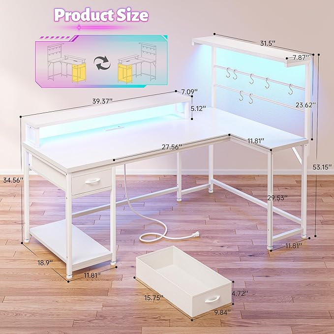 EnHomee 53 inch L Shaped Gaming Desk with LED Lights & Power Outlets, Reversible Corner Desk with Monitor Stand, Computer Desk with Shelf and Drawers for Home Office Writing, Study & Gaming, White