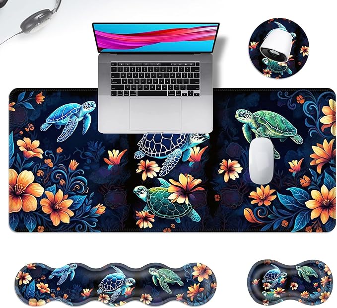 Ergonomic Mouse Pad Set with Wrist Support for Keyboard and Wrist Rest for Mouse, Memory Foam Comfort, Non-Slip Large Desk Mat for Home Office Pain Relief,Sea Turtle with Flower