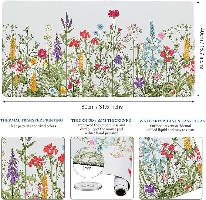 Desk Pad Botanical Floral, Desk Mat for Desktop, Sage Green Spring Flowers XXL Large Gaming Mouse Pad Non-Slip Rubber Base Stitched Edges Waterproof Keyboard mat for PC/Laptop/Computer/Work/Office