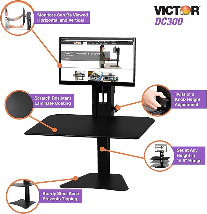 Victor High Rise Standing Desk Workstation, 28" X 23" X 10.5" to 15.5", Black