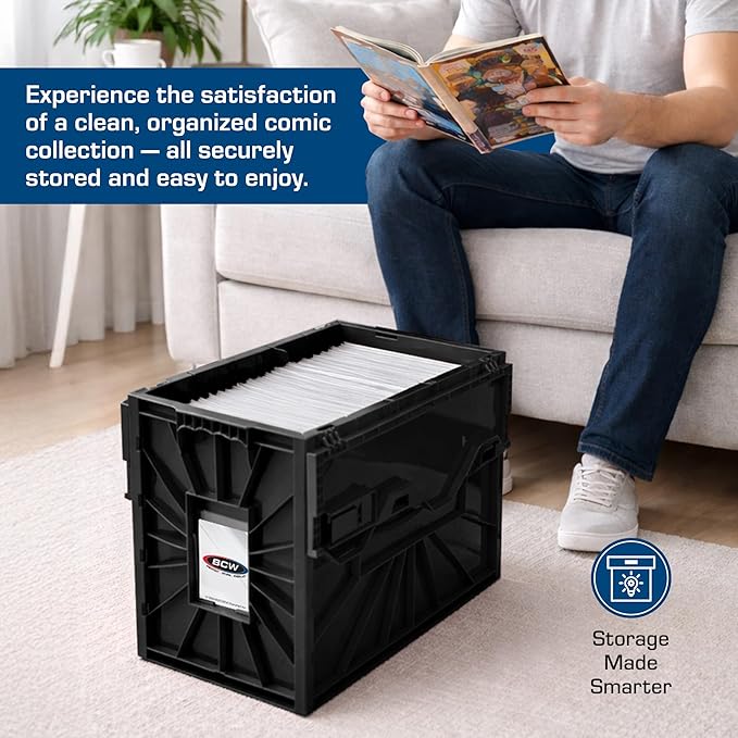 BCW Short Comic Book Bin | Holds 150 Comics | Stackable Plastic Storage | Acid-Free Organizer | Black, 2 Pack | Comic Book Bin