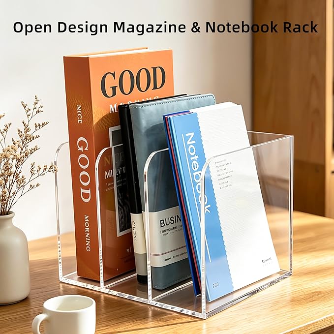 3-Slot Clear Acrylic Magazine File Holder – Vertical Desk Organizer for Books, Folders & Tablets, 8.97×7.48×6.69 Inches