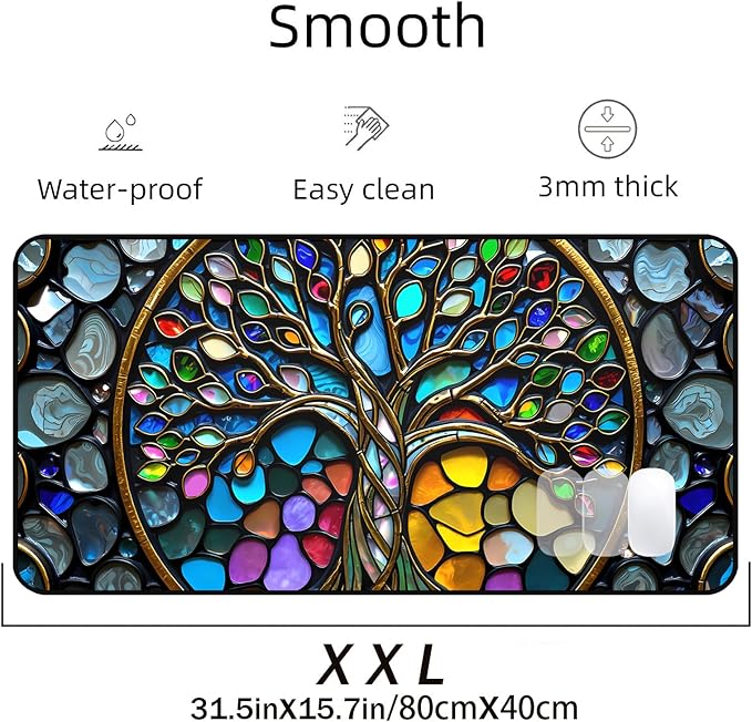 Faux Stained Glass Desk Mat, Tree of Life Desk Pad Mouse pad XXL, Game Pad Large Office Desk Keyboard Mats,with Stitched Edges Non-Slip Base Mousepad, Aesthetic Full Desktop Decor 31.5"X15.7"