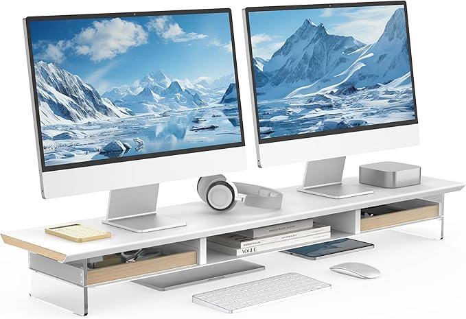 Fenge 42.5” Dual Monitor Stand Riser with 2 Felt-Lined Drawers, Aesthetic Metal and Wood Monitor Shelf with Acrylic Legs, 2-Tier Desk Organizer for 2 Monitors, Laptop, Printer, TV, White