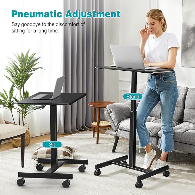 DUMOS Small Rolling Desk Mobile Standing Portable Laptop PC Table with Wheels, Adjustable Height Computer Workstation for Bedroom Study Use, Space Saving Home Office Desk, Modern Black