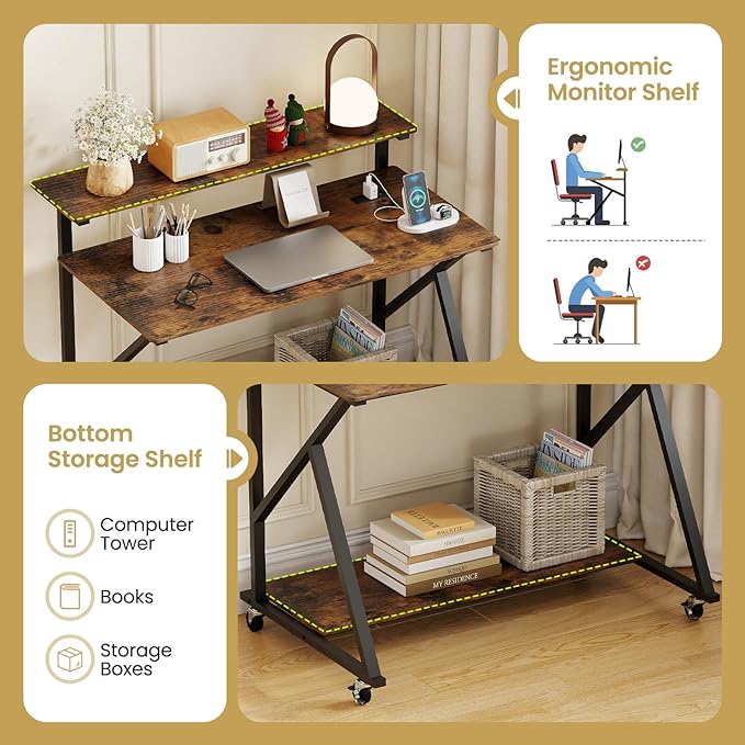 Tangkula 39.5" Mobile Computer Desk with Power Outlets, Rolling Laptop Workstation with Monitor Stand & Storage Shelf, Gaming Writing Desk with Lockable Wheels for Home Office Bedroom (Rustic Brown)