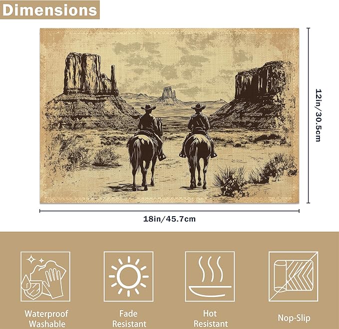 Vintage Western Cowboy Table Placemats Set of 6, Linen Placemats 12x18 Inch, Washable Non Slip Heat Resistant Mats for Dining Table Kitchen Indoor Use