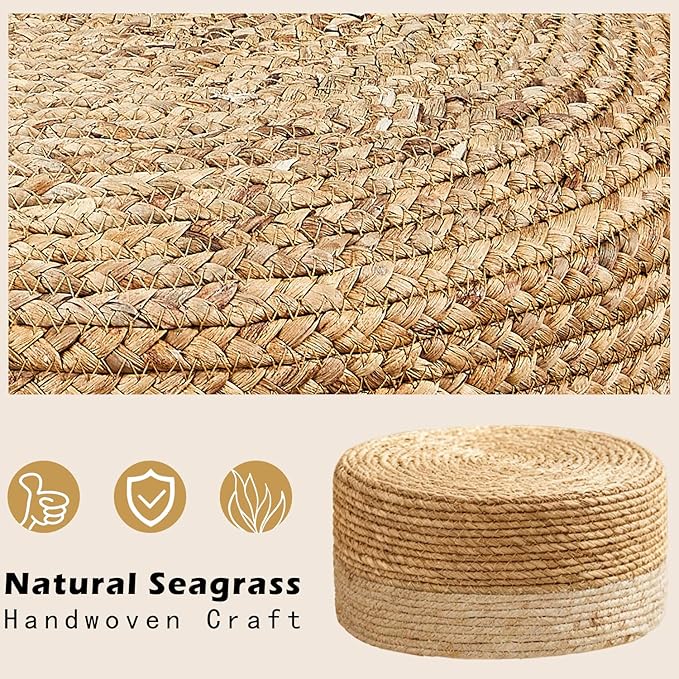 Wimarsbon Round Foot Stool Natural Seagrass Poufs Ottoman Hand Weave Footrest Stool for Couch Desk Extra Seat Step Stool with Solid Wood Legs for Hallway Patio Lounge White