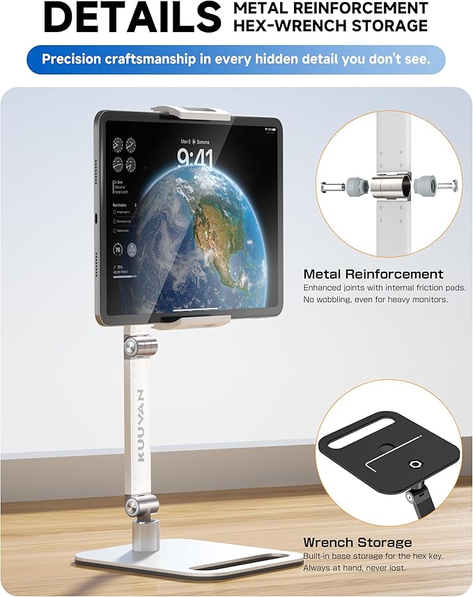 Portable Monitor Stand Holder for 15.6'',17.3'', Tablet Stand Holder for iPad, Aluminum Alloy Foldable Arm Mount with 360° Swivel Desk Mount Compatible with 4.7-17.3inch Tablet (White)