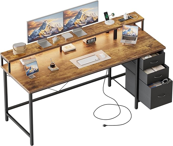 Mericonia 63 inch Computer Desk with Storage Drawers & Monitor Stand, Reversible Gaming Desk with LED Lights & Power Outlets, Large Gaming Table for Home Office