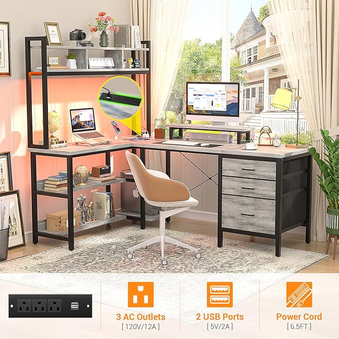 Aheaplus L Shaped Desk with Hutch, Gaming Desk with Led Lights, Reversible Computer Desk with Power Outlet, Corner Desk with File Drawer & Monitor Stand, Storage Shelves for Home Office, White Oak
