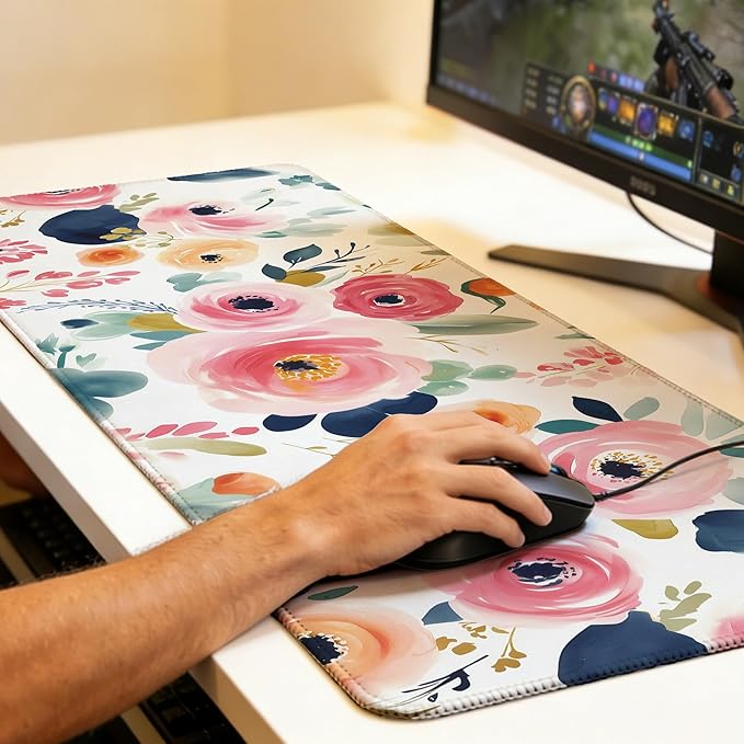 Watercolor Floral Mouse Pad,35.4 x 15.7 Inch Large Mouse Mat Non-Slip Rubber Stitched Edges for Writing Desk,Office,Home,Laptop