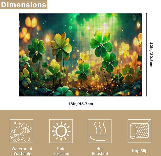Linen Placemats Set of 6, St Patrick's Day Green Grass Washable Table Mats 12x18 Inch, Heat Resistant Non Slip Placemats for Dining Table Kitchen Everyday Use