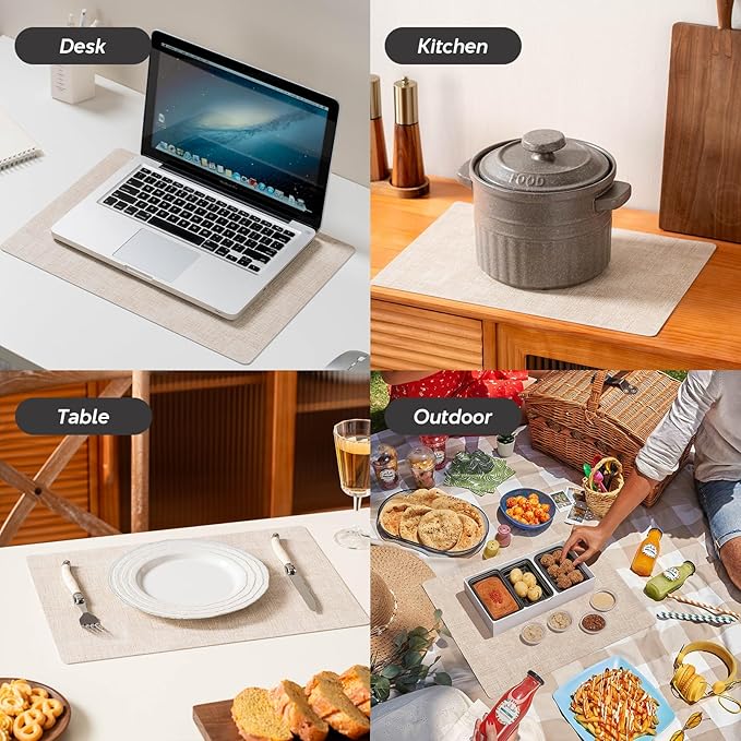 Vinyl Placemats Set of 4 - Faux Leather 100% Waterproof Oil-Proof Wipeable PU Place Mats, Heat Resistant Reversible Table Mats for Kitchen, Dining, Outdoor (Beige)
