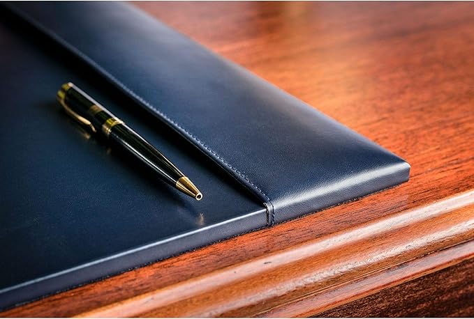 DACASSO Bonded Leather Desk Pad with Side Rails - Luxury Leather Desk Blotter for Writing (30 x 18, Navy Blue)