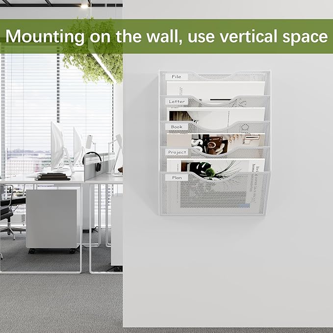 EasyPAG Wall File Organizer 5 Tier Hanging Paper Folder Holder, Zero Assembly Metal Mesh Wall Mounted Mail Organizer for Office Home Classroom Narrow Spaces, White