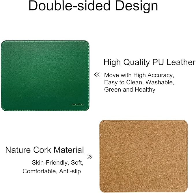 Leather Double Side Mouse Pad With Stitched Edge - Waterproof Ultra Thin for Computers, Laptop, Office & Home, 10.2 x 8.3 Inch, 1 Pack (Dark Green)