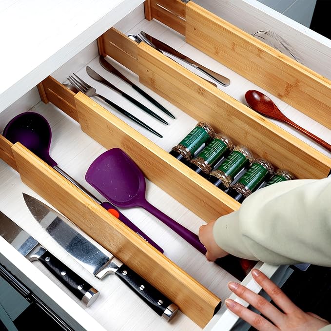Utoplike Bamboo Drawer Dividers Large, 4'' High Adjustable Kitchen Drawer Organizers for Clothing, Spring Loaded, Works in Bathroom, Bedroom, Dresser, Desk, 4 pcs
