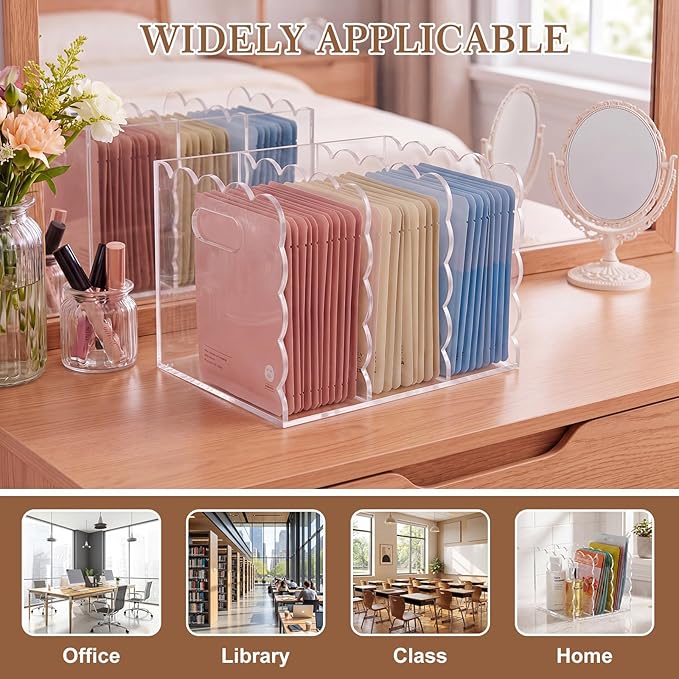 Suzile Scalloped Acrylic Magazine File Holder with Handle, 3-compartment Clear Desk Organizer Vertical Bookends Organization for Office, Binders, Documents, Magazines, Books(8.46 x 7.28 x 6.5 Inches)