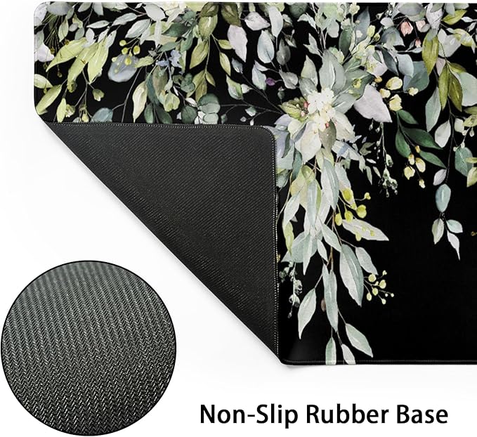 Green XXL Sage Green Leaves Gaming Mouse Pad 35.4"X15.7" Wildflower Extended Keyboard Mat Non-Slip Rubber Base Stitched Edge Full Desk Mouse Pad for Home & Office